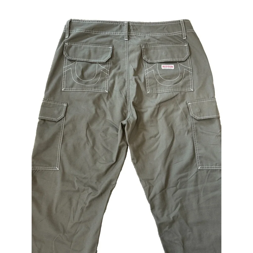 Men's True Religion Size 34 Olive Green Y2K Cargo Denim Wide Leg Gorpcore Jeans